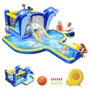 8 In1 Inflatable Slide Water Park Trampoline Bouncing House Outdoor Garden With Dolphin Sprinkler & Target Games & Water Gun & Basketball