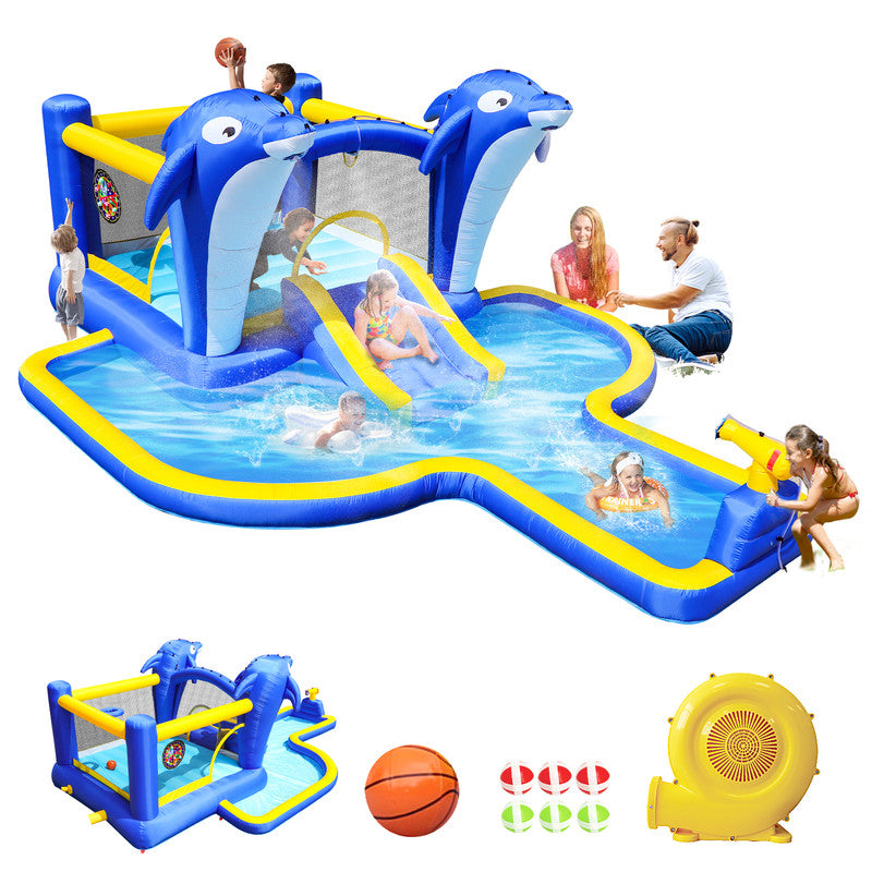 8 In1 Inflatable Slide Water Park Trampoline Bouncing House Outdoor Garden With Dolphin Sprinkler & Target Games & Water Gun & Basketball