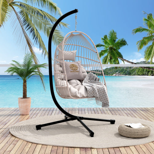 Foldable Hanging Egg Chair with Stand and Pillow Outdoor Patio Wicker Swing Egg Chair - Beige