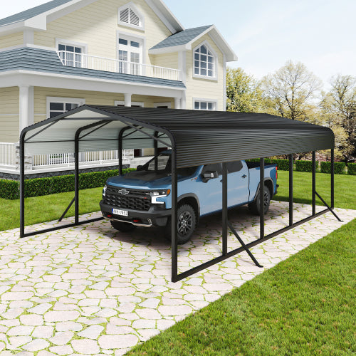 15x25FT Metal Car Carport Heavy Duty Carport with Reinforced Support Base, Suitable for All Weather Conditions - Black