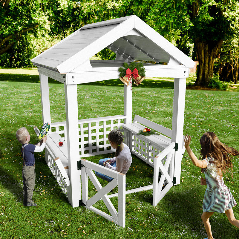 Modern Outdoor Wooden Playhouse for Children Waterproof Design with Comfortable Bench and Attractive Door