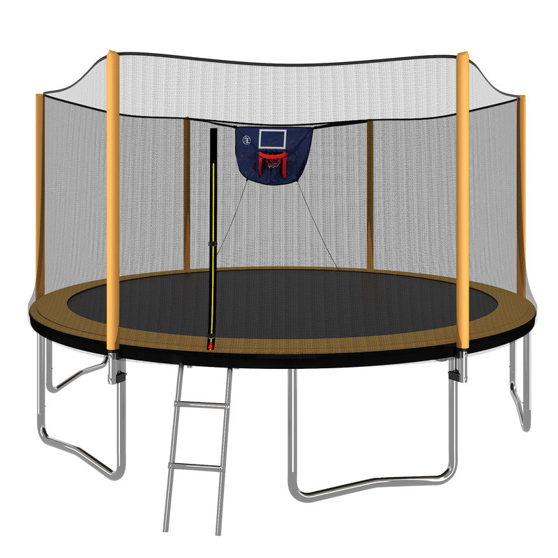 14FT Powder-coated Advanced Trampoline with Basketball Hoop Inflator and Ladder Outer Safety Enclosure Orange
