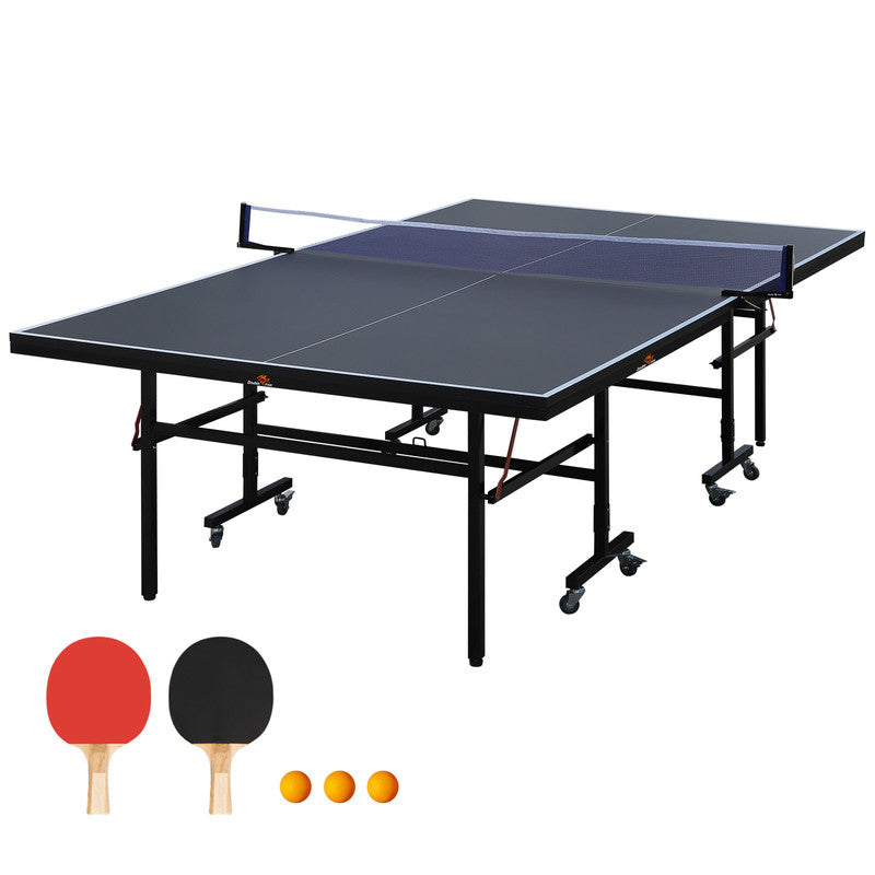 9ft Folding Rolling Table Tennis Table2 Paddles, 3 Balls, 1 Net And Post Set black Fold-Up Design, 8 Wheels for Easy Movement