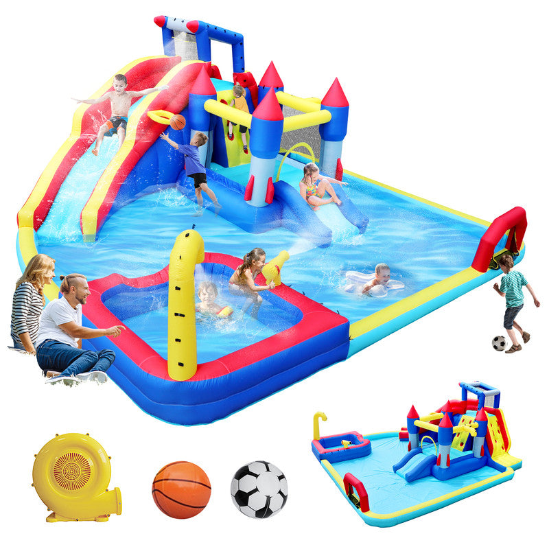 10 In1 Inflatable Slide Water Park Bouncing House Garden With Splash Pool & Water Gun & Basketball & Climbing Wall & Dual Pools & Soccer