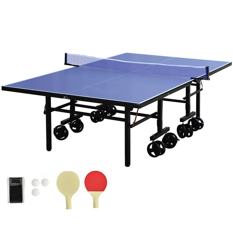 Blue Folding Rolling 9¡Á5 FT Table Tennis Table Indoor And Outdoor Table Tennis Table 8 Wheels Set Behind It For Easy Movemen