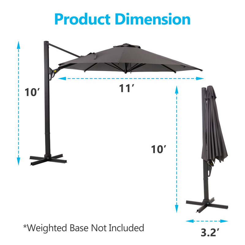 11 FT Cantilever Patio Umbrella, Round Outdoor Offset Umbrella with 360¡ã Rotation & Tilt Adjustment without Base - Grey