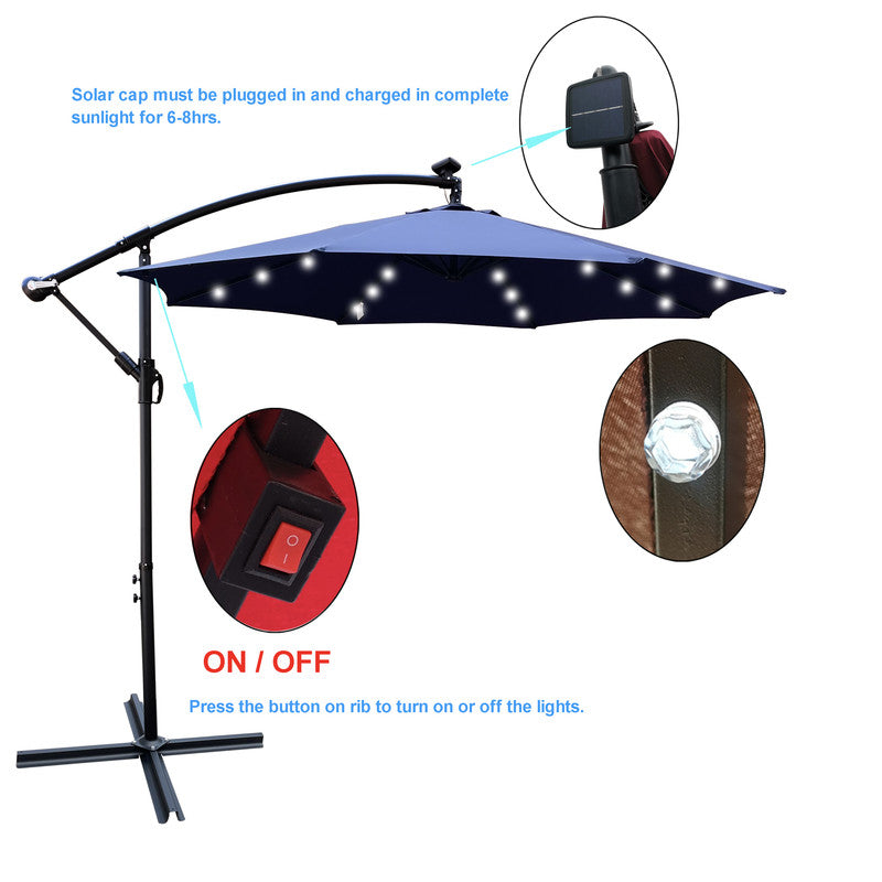 10 ft Outdoor Patio Umbrella Solar Powered LED Lighted Sun Shade Market Waterproof 8 Ribs Umbrella with Crank and Cross Base