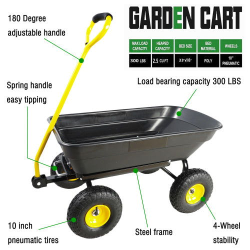 Folding Car Poly Garden Dump Truck With Steel Frame 10 Inches Pneumatic Tire 300 Lb Capacity Body 55l Black