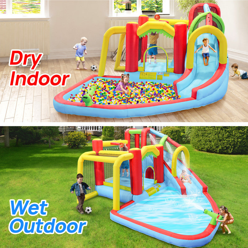 7 In1 Inflatable Slide Water Park Bouncing House Outdoor Soccer Garden Bouncer With Splash Pool & Water Gun & Climbing Wall & Basketball & Football