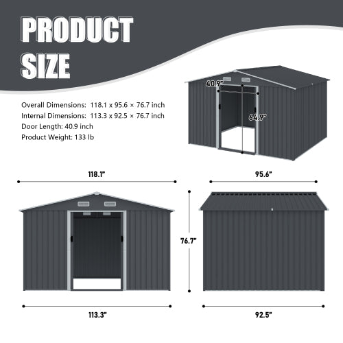 Outdoor Storage Shed 8 x 10 FT Large Metal Tool Sheds Heavy Duty Storage House to Store Bikes Tools Lawnmowers Grey