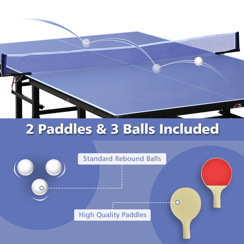 Blue Folding Rolling 9¡Á5 FT Table Tennis Table Indoor And Outdoor Table Tennis Table 8 Wheels Set Behind It For Easy Movemen