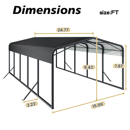 15x25FT Metal Car Carport Heavy Duty Carport with Reinforced Support Base, Suitable for All Weather Conditions - Black