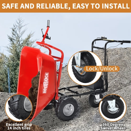 RedRock Wheelbarrow Utility Cart Electric Powered Cart 48V28Ah 500W Capacity 500lbs Material Debris Hauler 1000lbs Towing