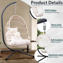 Foldable Hanging Egg Chair with Stand and Pillow Outdoor Patio Wicker Swing Egg Chair - Beige