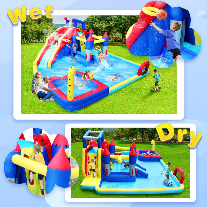 10 In1 Inflatable Slide Water Park Bouncing House Garden With Splash Pool & Water Gun & Basketball & Climbing Wall & Dual Pools & Soccer