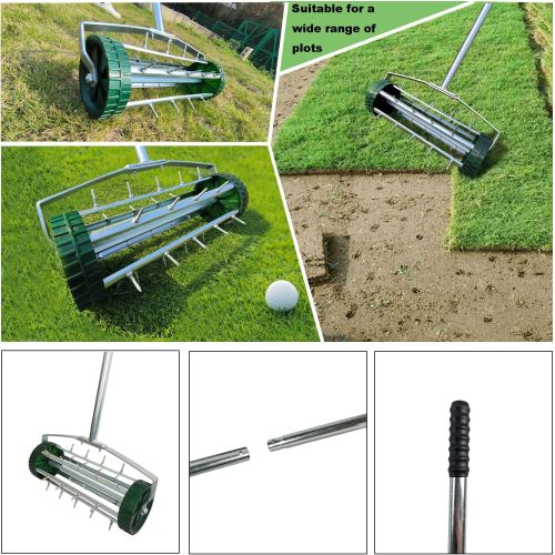 Heavy Duty Rolling Lawn Aerator with 3-Piece Long Steel Handle for Garden Yard Grass Maintenance