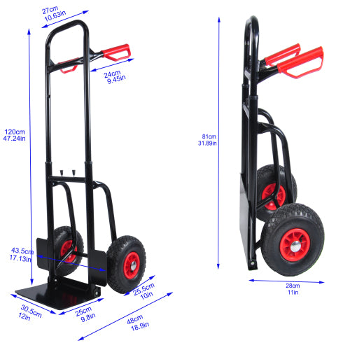 Heavy duty manual truck with double handles 330 lb steel trolley with 10in rubber wheels for warehouse/garden
