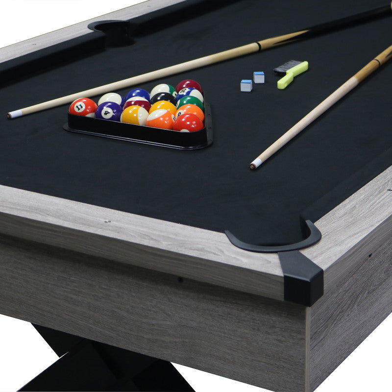 84in Pool Table with Billiard Balls, Cues, Pool Cue Chalk, Cleaning Brush, X-Legs, Black Cloth, Rustic Grey,84.1"L x 46.5"W x 32"H