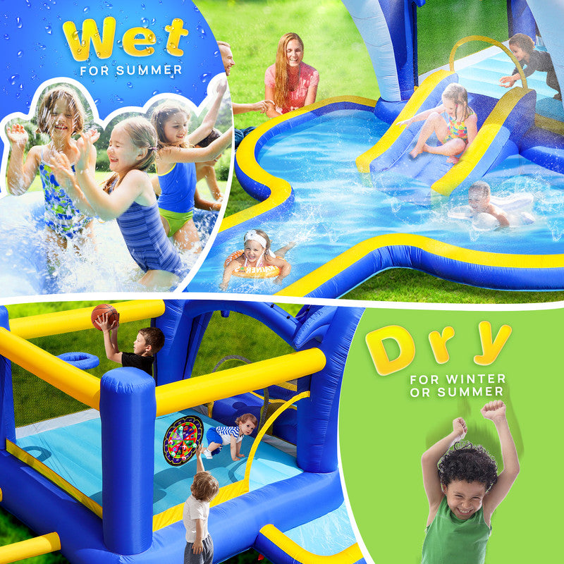 8 In1 Inflatable Slide Water Park Trampoline Bouncing House Outdoor Garden With Dolphin Sprinkler & Target Games & Water Gun & Basketball