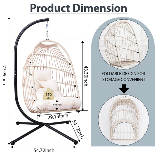 Foldable Hanging Egg Chair with Stand and Pillow Outdoor Patio Wicker Swing Egg Chair - Beige