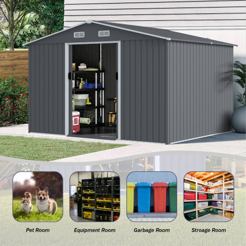 Outdoor Storage Shed 8 x 10 FT Large Metal Tool Sheds Heavy Duty Storage House to Store Bikes Tools Lawnmowers Grey