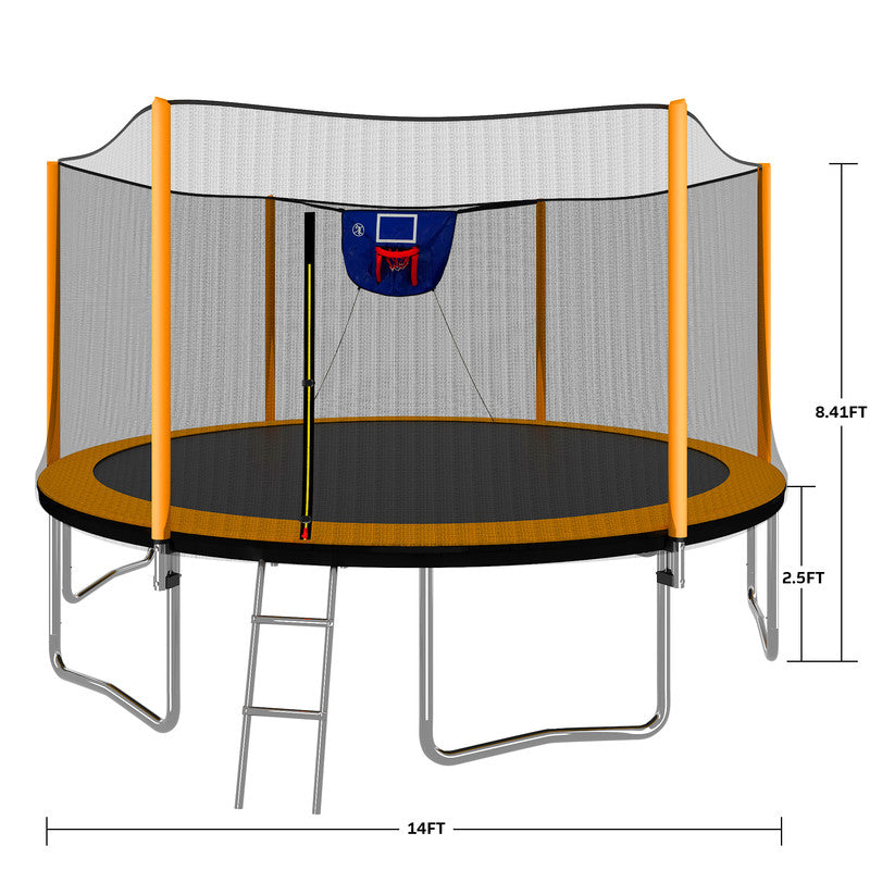14FT Powder-coated Advanced Trampoline with Basketball Hoop Inflator and Ladder Outer Safety Enclosure Orange