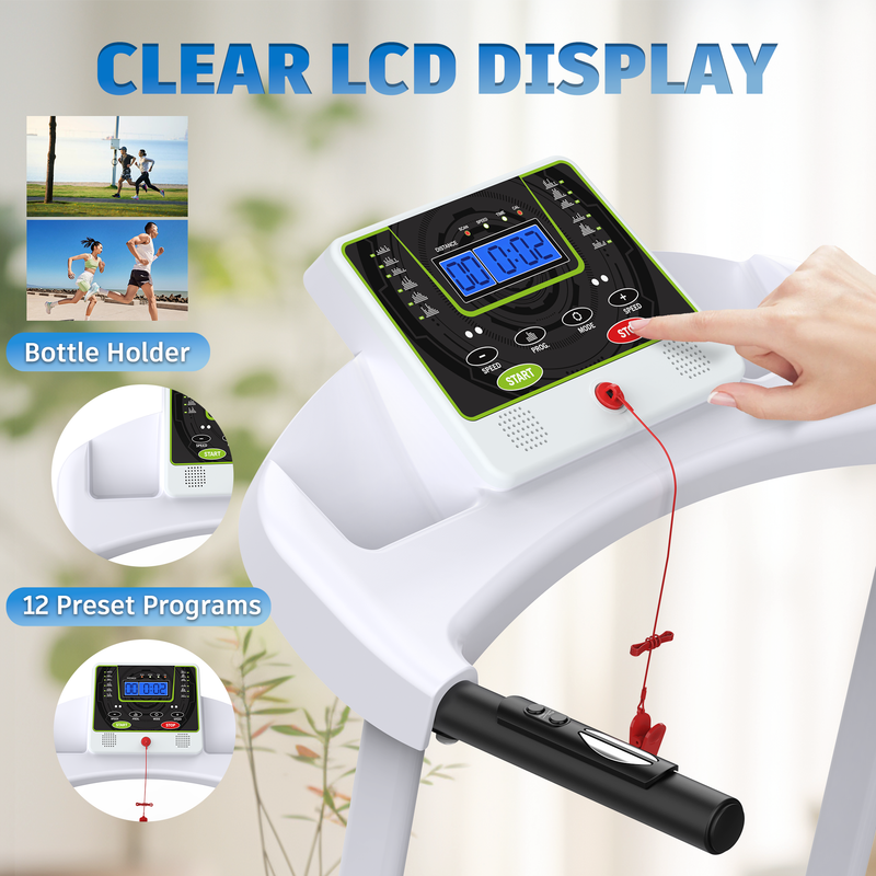 Folding Treadmill with Incline 2.5HP 12KM/H Electric Treadmill Bluetooth Music Cup Holder Heart Rate Sensor for Indoor Home Gym Exercise Fitness