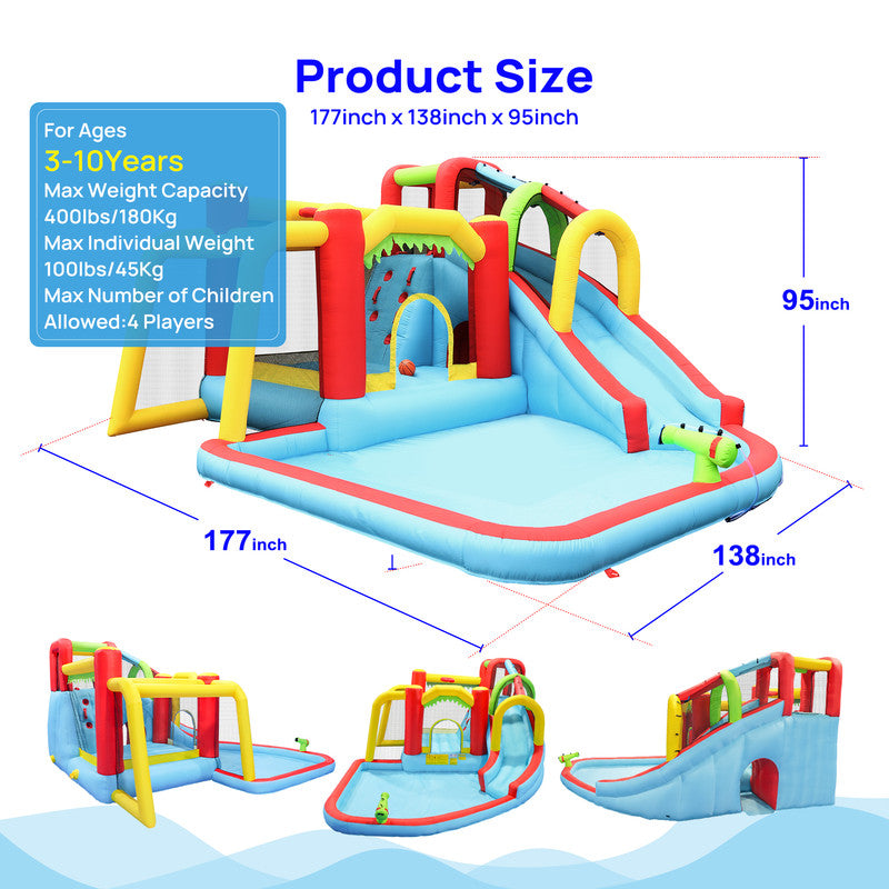 7 In1 Inflatable Slide Water Park Bouncing House Outdoor Soccer Garden Bouncer With Splash Pool & Water Gun & Climbing Wall & Basketball & Football