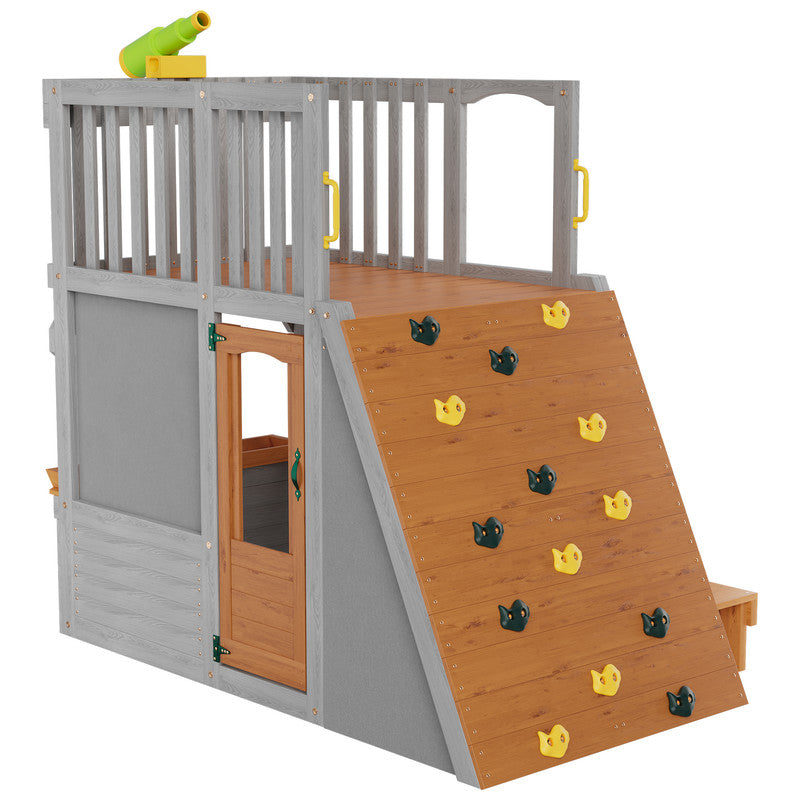 Large Sturdy Wooden Playhouse for Kids Realistic Modern Design Lookout Post Telescope Climb Ramp-for 5-8 Children's Outdoor Play
