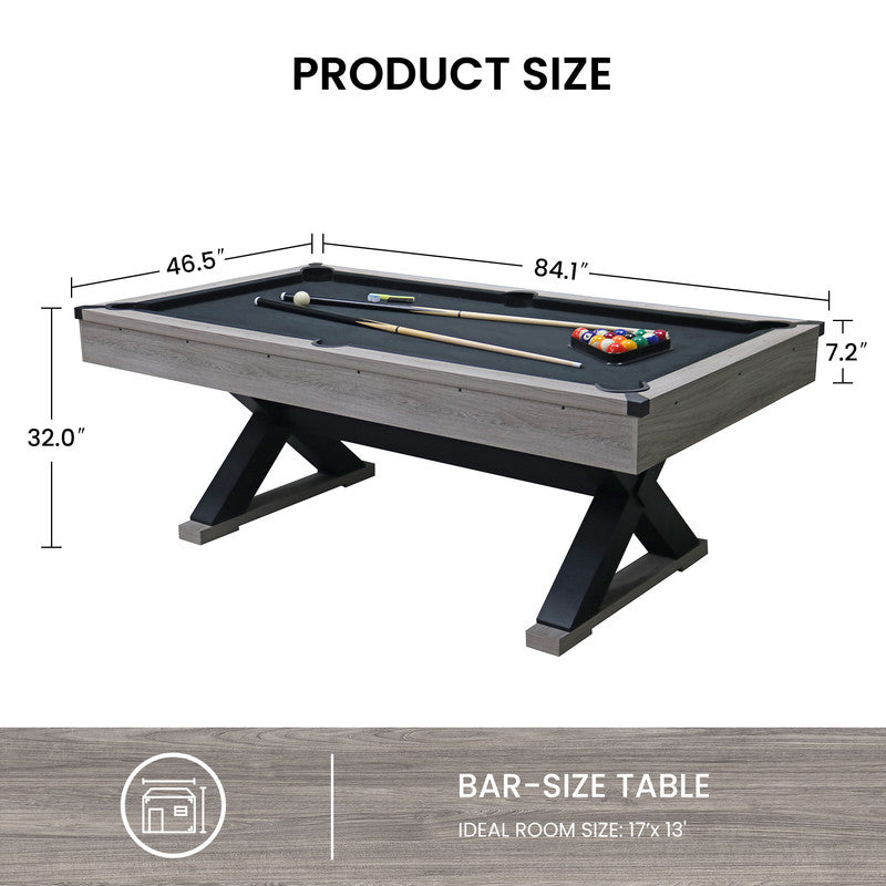 84in Pool Table with Billiard Balls, Cues, Pool Cue Chalk, Cleaning Brush, X-Legs, Black Cloth, Rustic Grey,84.1"L x 46.5"W x 32"H