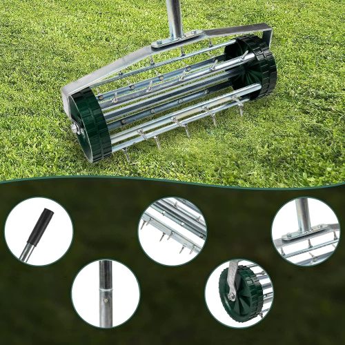 Heavy Duty Rolling Lawn Aerator with 3-Piece Long Steel Handle for Garden Yard Grass Maintenance