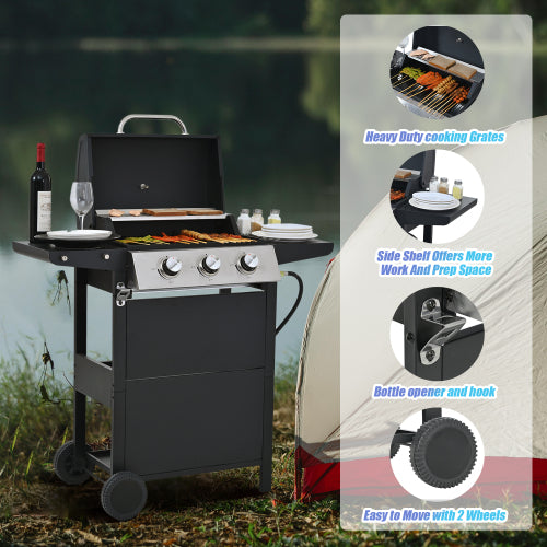 Propane Gas Grill 3 Burner Barbecue Grill Stainless Steel 26,000 BTU Patio Garden Barbecue Grill with Two Shelves
