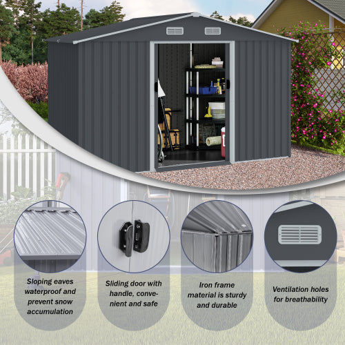 Outdoor Storage Shed 8 x 10 FT Large Metal Tool Sheds Heavy Duty Storage House to Store Bikes Tools Lawnmowers Grey