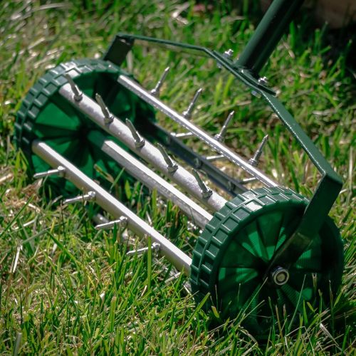 Heavy Duty Rolling Lawn Aerator Rolling Lawn Aerator with 3-Piece Long Steel Handle for Garden Yard Grass Maintenance