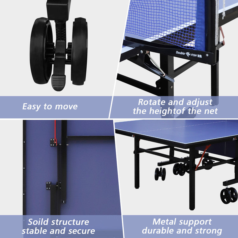 Blue Folding Rolling 9¡Á5 FT Table Tennis Table Indoor And Outdoor Table Tennis Table 8 Wheels Set Behind It For Easy Movemen