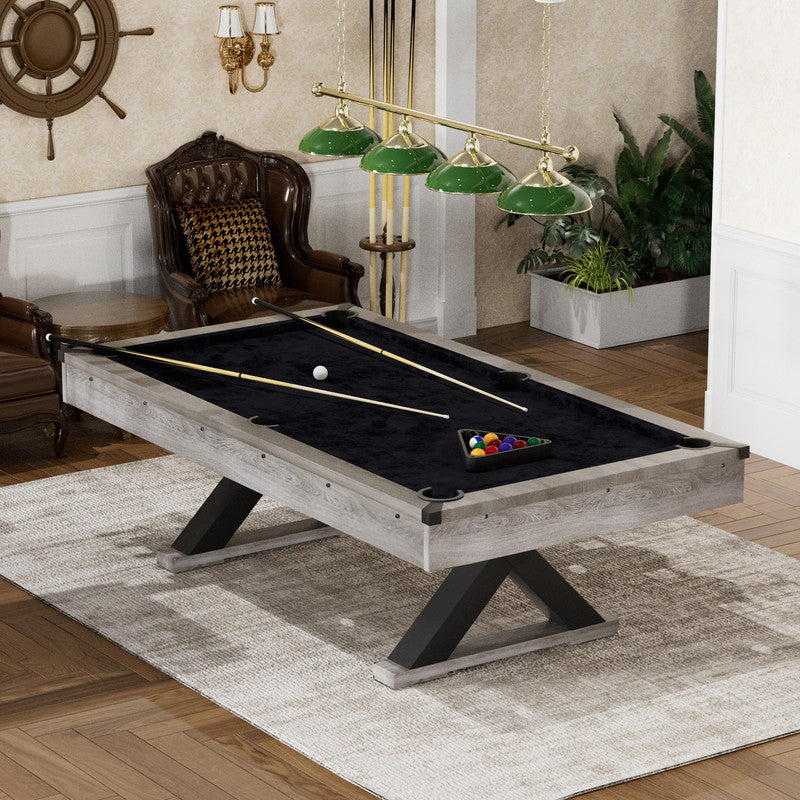 84in Pool Table with Billiard Balls, Cues, Pool Cue Chalk, Cleaning Brush, X-Legs, Black Cloth, Rustic Grey,84.1"L x 46.5"W x 32"H