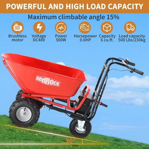 RedRock Wheelbarrow Utility Cart Electric Powered Cart 48V28Ah 500W Capacity 500lbs Material Debris Hauler 1000lbs Towing