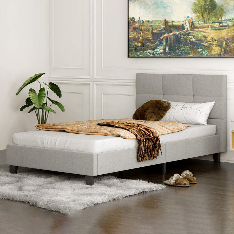 Twin Bed Frame, Metal Platform Bed Frame with Tufted Square Stitched Fabric Headboard