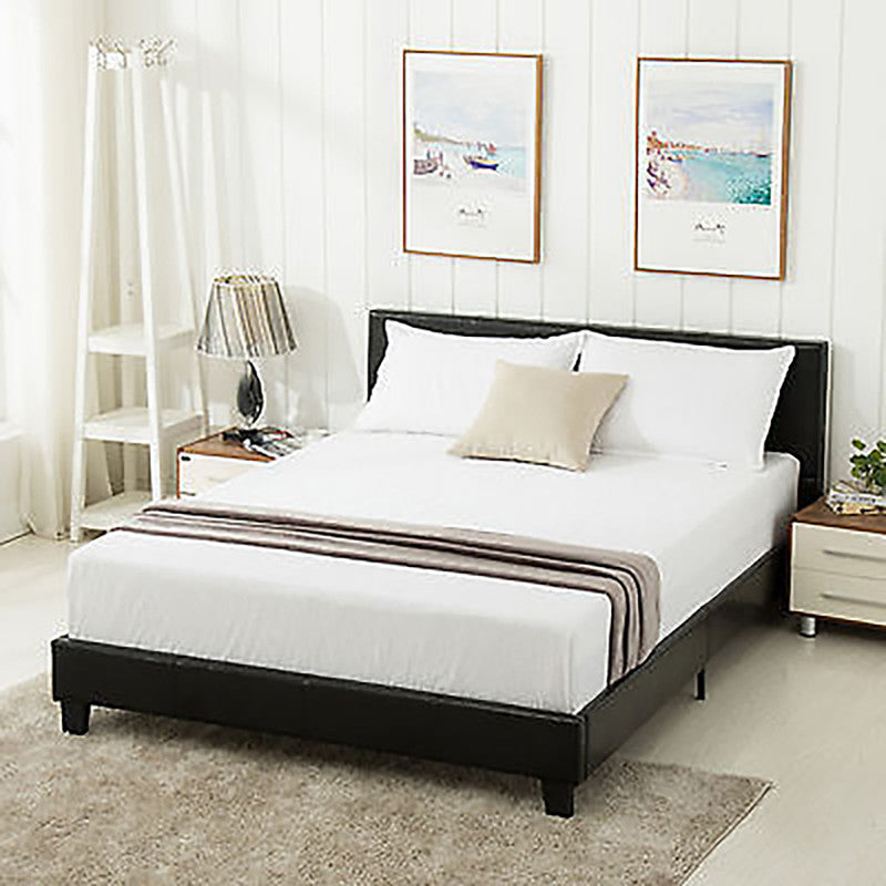 Bed Frame Mecor Slats Upholstered Headboard Bedroom Faux Leather Queen Size Black