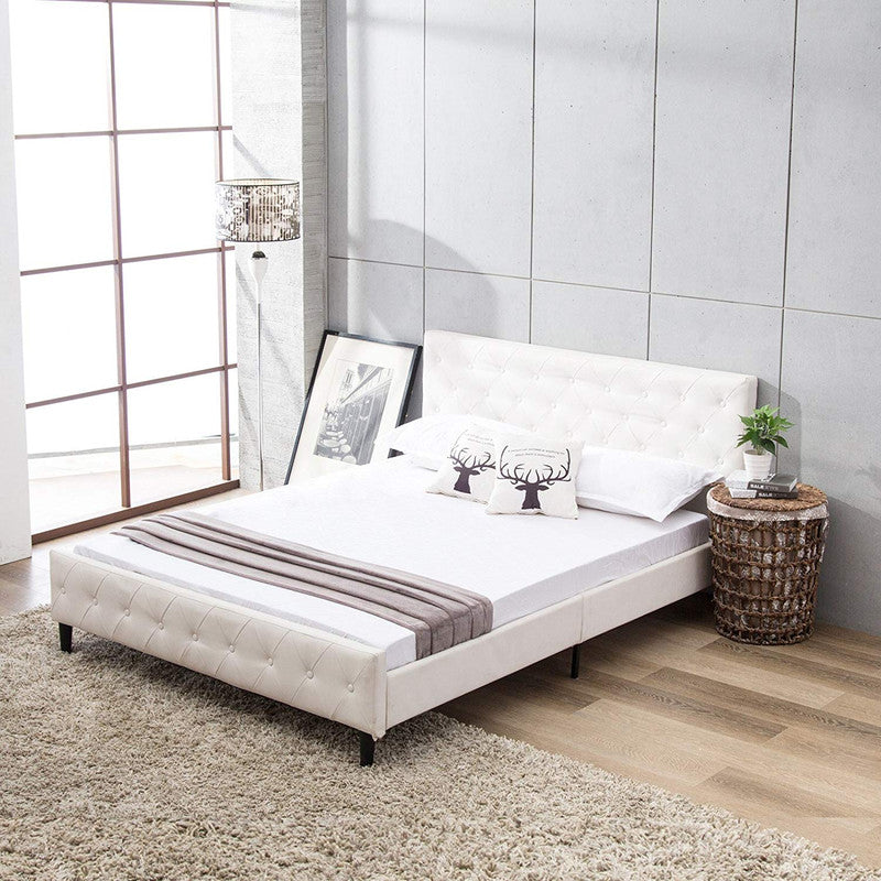 Bed Frame Metal Mecor Button Tufted Upholstered Platform Full Size White PU Leather