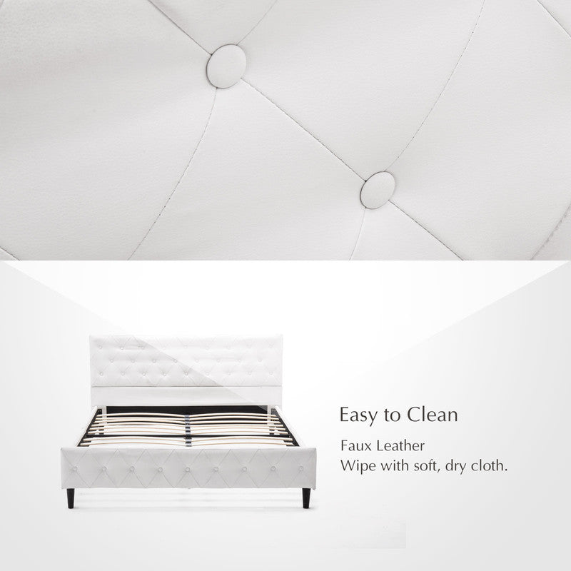 Bed Frame Metal Mecor Button Tufted Upholstered Platform Full Size White PU Leather