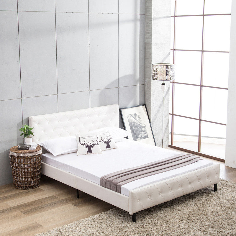 Bed Frame Metal Mecor Button Tufted Upholstered Platform Full Size White PU Leather