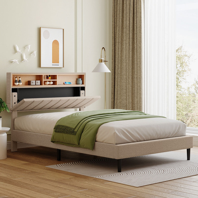 Full size Upholstered Platform Bed with Storage Headboard and USB Port Beige