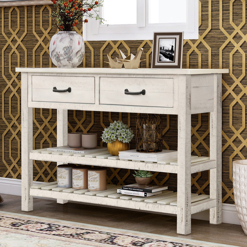 Retro Console Table for Entryway with Drawers and Shelf Antique White