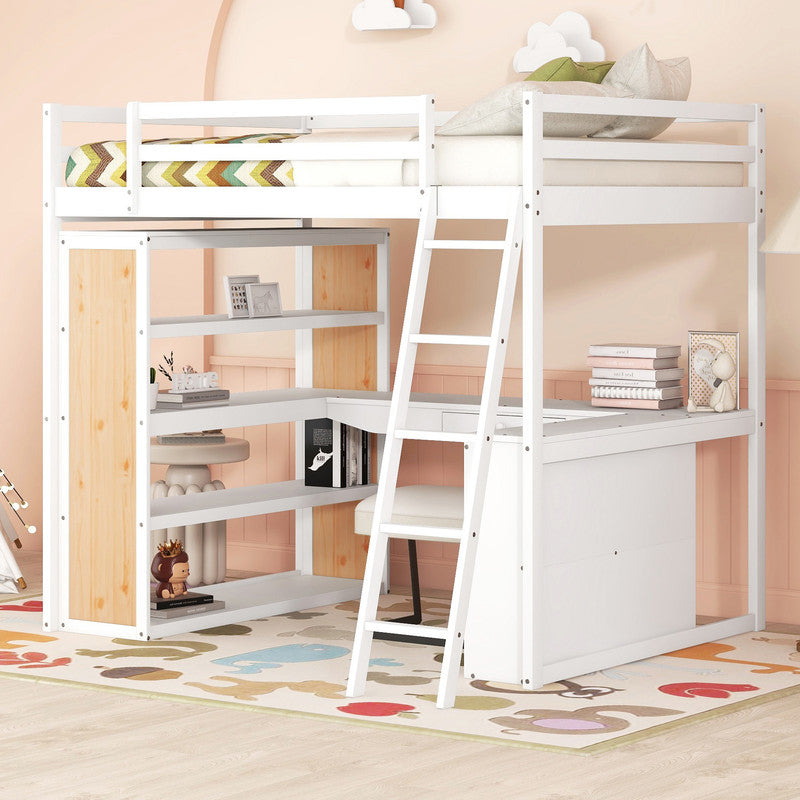 Full Size Loft Bed with Ladder Shelves and Desk White