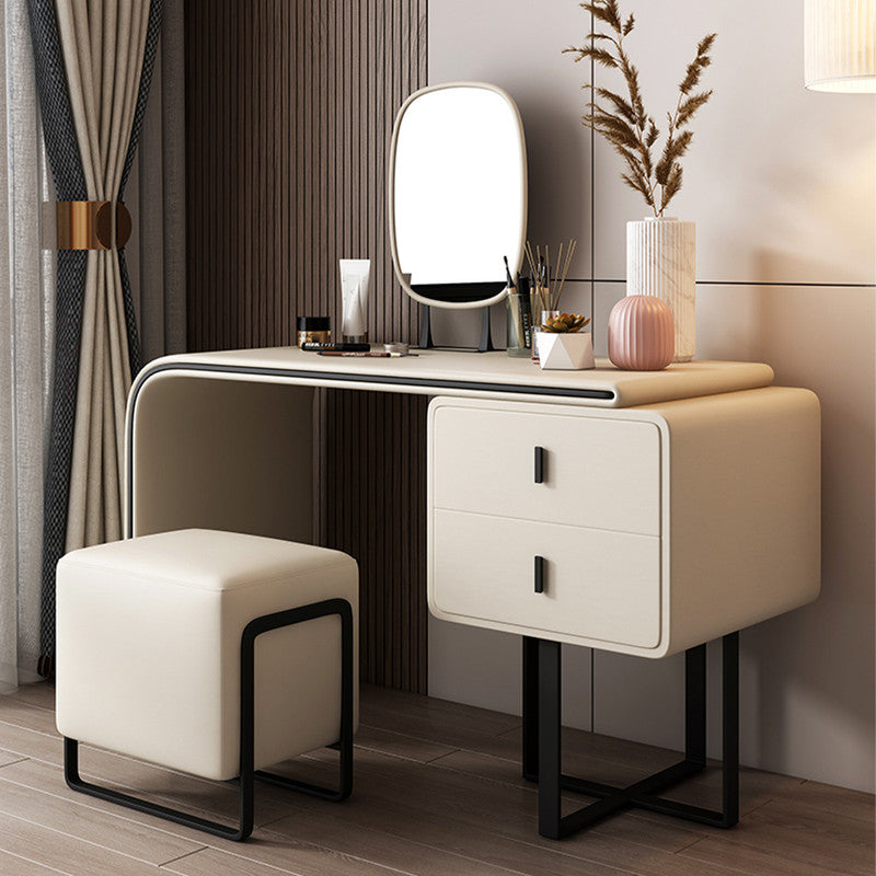 Modern Extendable Makeup Vanity Table with PU Leather 2 Solid Wood Drawers HD Mirror