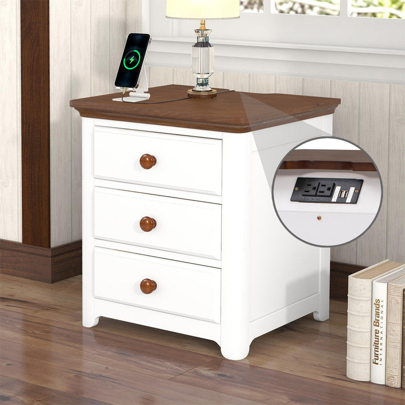 Wooden Nightstand with USB Charging Ports and Three Drawers White Walnut