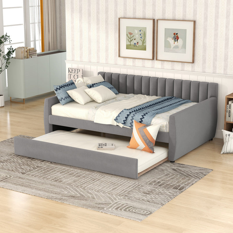 Full Size Upholstered daybed with Trundle and Wood Slat Support Gray