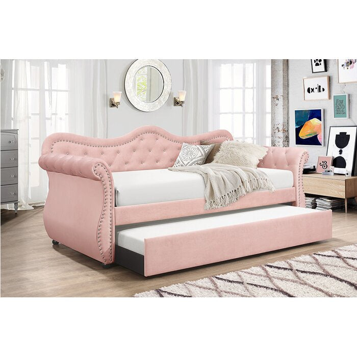 Modern Sofa Bed Upholstered Velvet Wood Daybed with Trundle in Pink