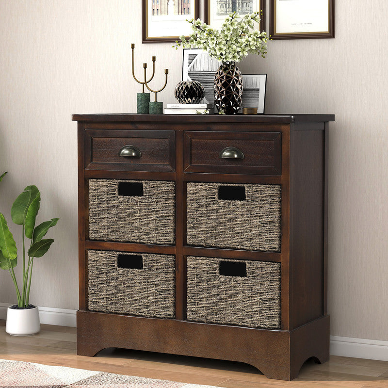 Rustic Storage Cabinet with Two Drawers and Four Classic Rattan Basket